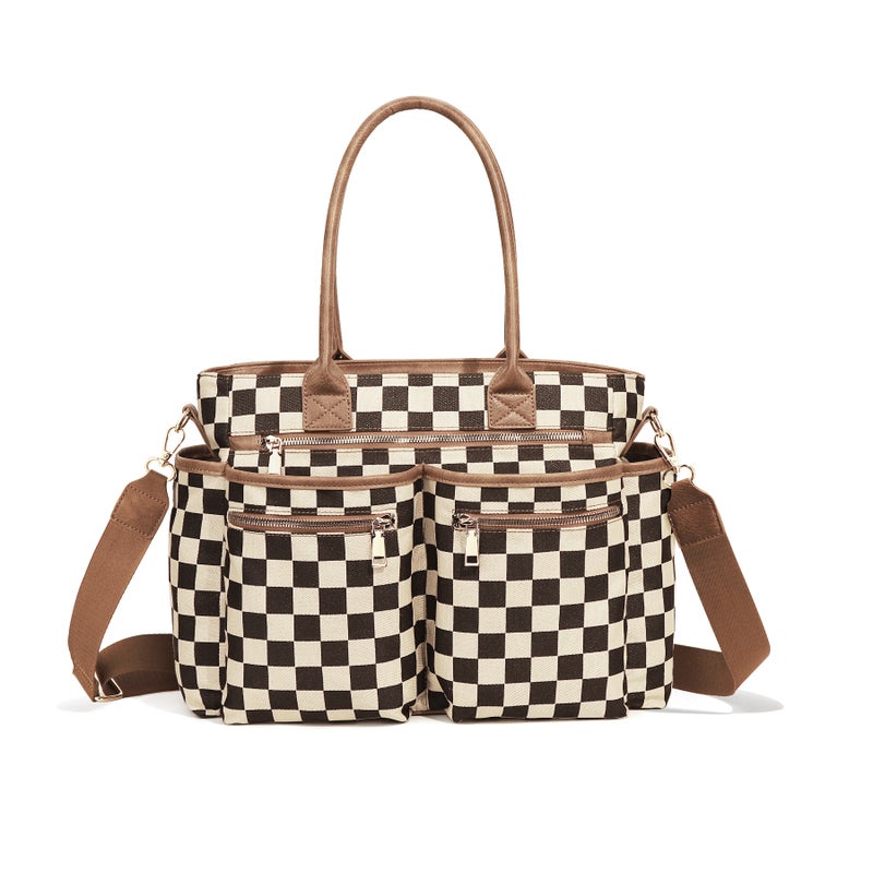 Checkerboard Canvas Tote Bag, Brown - Image 1
