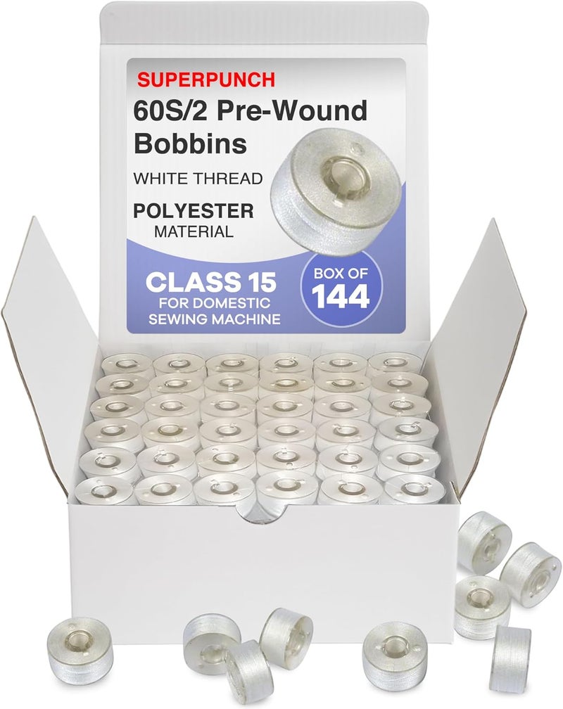 Superpunch 60S/2 Polyester Pre-Wound Bobbins Thread, Class 15 A, Superb White 60wt. Sewing Thread – 144 Bobbins, Sewing Machines DIY Embroidery Polyester - Image 1