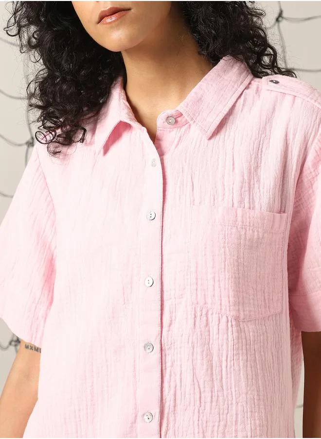 هوبرهولمي Women Co-ord in Pink featuring Oversized fit with a solid pattern, spread collar collar, spread collar neckline, half sleeves, regular length, secured with button closure, crafted from cotton – a stylish must-have for any occasion.