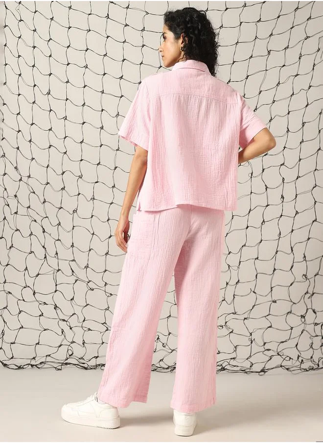 هوبرهولمي Women Co-ord in Pink featuring Oversized fit with a solid pattern, spread collar collar, spread collar neckline, half sleeves, regular length, secured with button closure, crafted from cotton – a stylish must-have for any occasion.