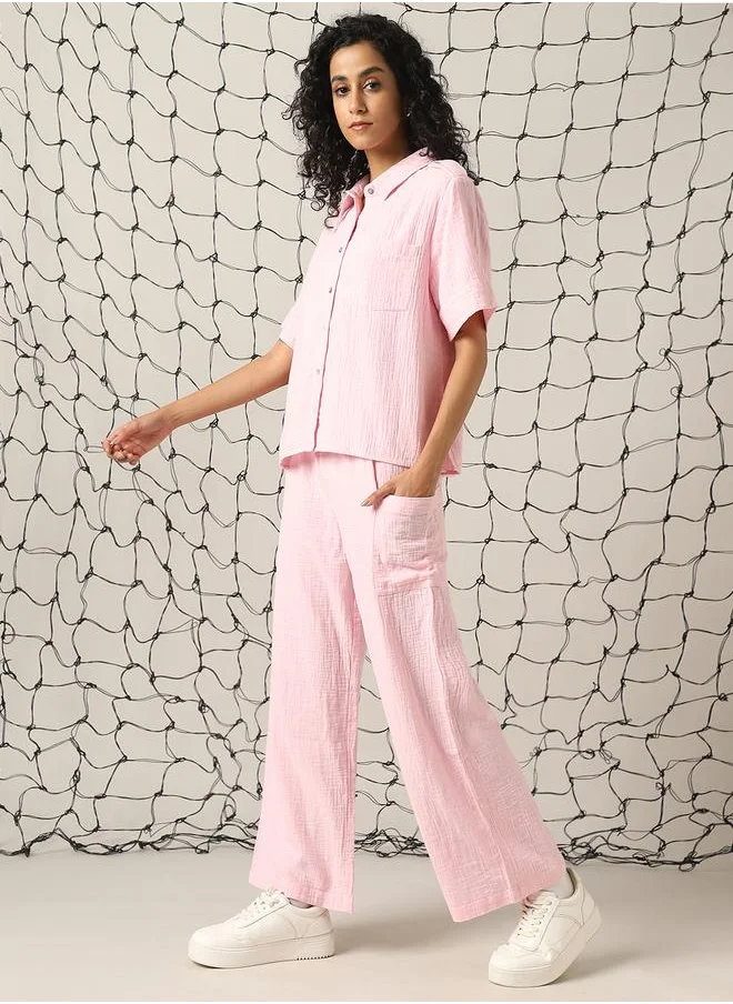 هوبرهولمي Women Co-ord in Pink featuring Oversized fit with a solid pattern, spread collar collar, spread collar neckline, half sleeves, regular length, secured with button closure, crafted from cotton – a stylish must-have for any occasion.