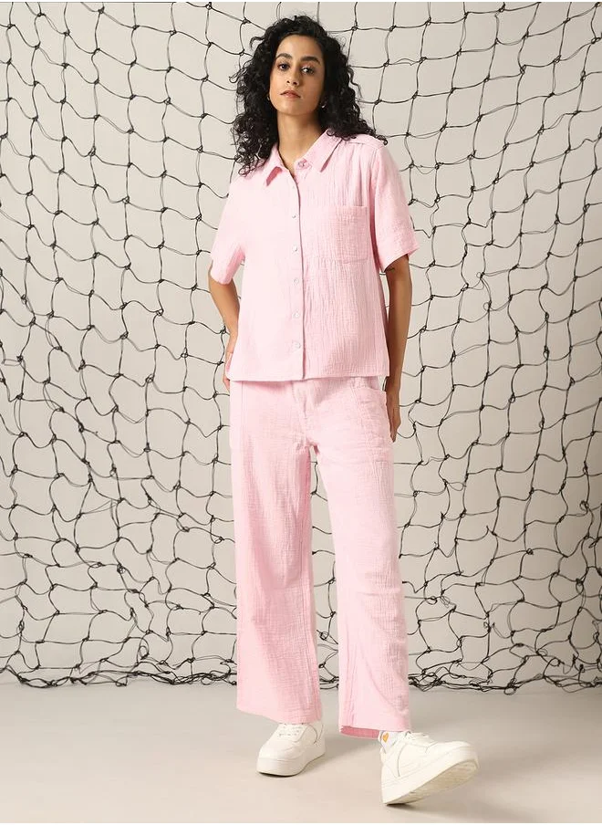 هوبرهولمي Women Co-ord in Pink featuring Oversized fit with a solid pattern, spread collar collar, spread collar neckline, half sleeves, regular length, secured with button closure, crafted from cotton – a stylish must-have for any occasion.