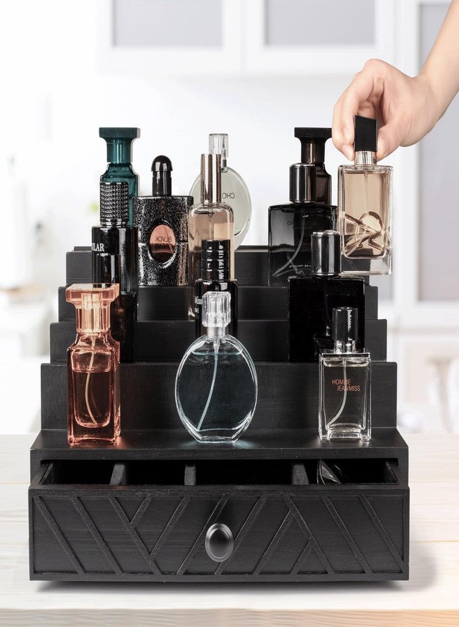 Cokritsm 5-Tier Wooden Cologne Organizer with Hidden Drawer & Soft Velvet Lined Interior - Display Storage Box for Bedroom & Bathroom Vanity, Cologne Display Stand with Ornamental Pattern Black - Image 5
