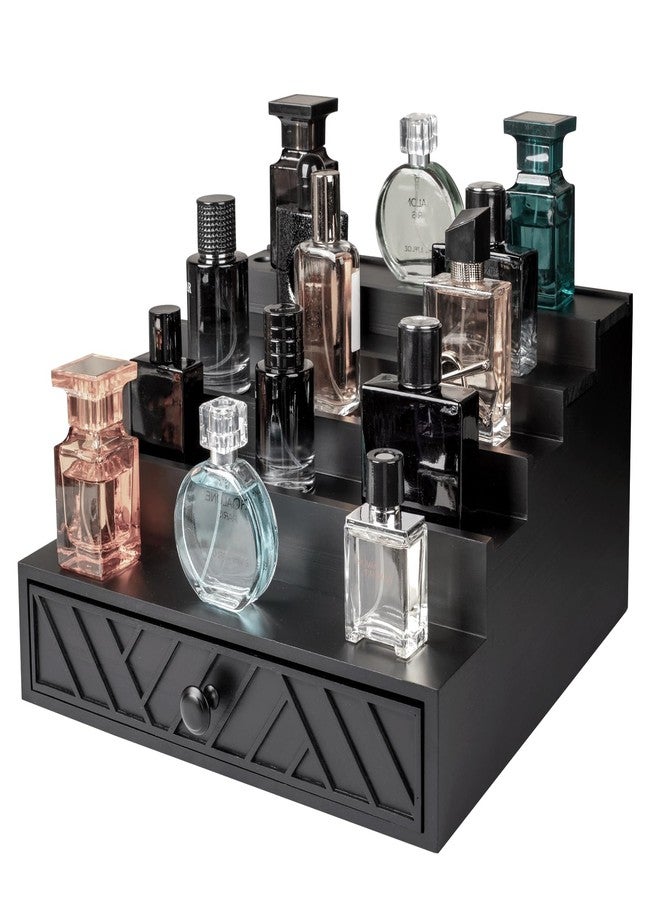Cokritsm 5-Tier Wooden Cologne Organizer with Hidden Drawer & Soft Velvet Lined Interior - Display Storage Box for Bedroom & Bathroom Vanity, Cologne Display Stand with Ornamental Pattern Black - Image 1