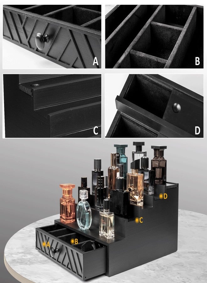 Cokritsm 5-Tier Wooden Cologne Organizer with Hidden Drawer & Soft Velvet Lined Interior - Display Storage Box for Bedroom & Bathroom Vanity, Cologne Display Stand with Ornamental Pattern Black - Image 2