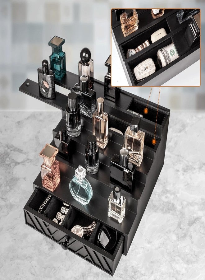 Cokritsm 5-Tier Wooden Cologne Organizer with Hidden Drawer & Soft Velvet Lined Interior - Display Storage Box for Bedroom & Bathroom Vanity, Cologne Display Stand with Ornamental Pattern Black - Image 4