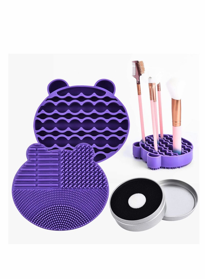 Excefore Silicon Makeup Brush Cleaning Mat with Holder for Storage Air Dry Brushes Bear Shaped Cosmetic Brush Cleaner Pad+Makeup Brush Dry Cleaned Quick Color Removal Sponge Scrubber Tool(Purple)  - Image 1