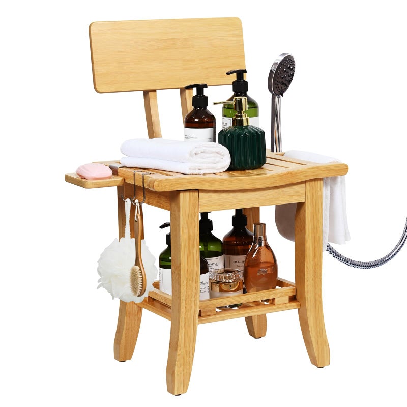 Ollieroo TwoTier Bamboo Shower Chair for Inside Shower Waterproof Baby Bath Seat with Storage Shelf Soap Dish and Shower Head Holder Shower Stool for Seniors Adults Disabled PregnantNatual - Image 1