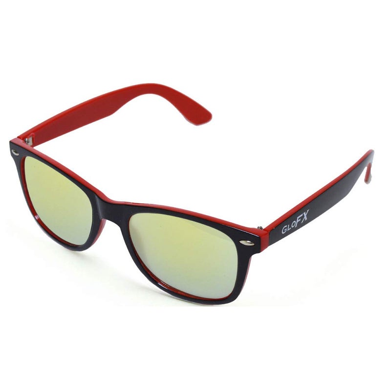 GloFX Ultimate Diffraction Glasses | 3D Prism Rainbow Effect | Great Edm, Concert, and Rave Accessory | Red and Black Frame with Gold Mirror Firework Lenses - Image 3