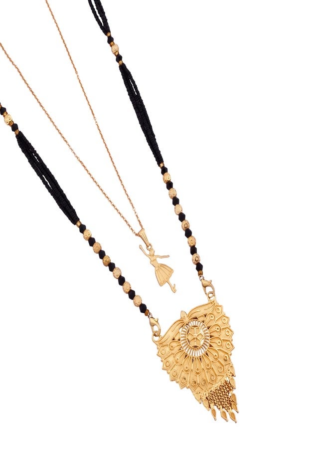 MALKYN Women's Ethnic Gold-Plated Peacock Motif Mangalsutra and Delicate Ballerina Pendant Layered Necklace Set, Traditional Black Beaded Wedding Jewelry for Women-MD-140 - Image 1