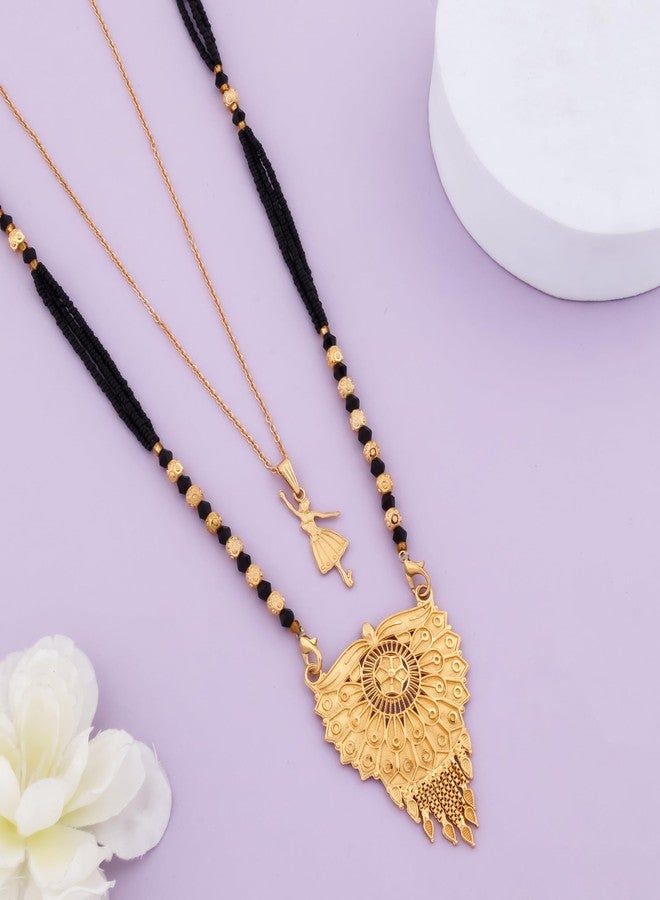 MALKYN Women's Ethnic Gold-Plated Peacock Motif Mangalsutra and Delicate Ballerina Pendant Layered Necklace Set, Traditional Black Beaded Wedding Jewelry for Women-MD-140 - Image 2