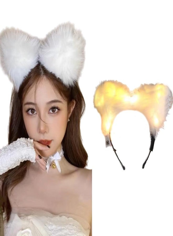 winvin Light Up Headbands LED Cat Ears Headband Faux Fur Hair Hoop Cute Colored Light For Festival Party Accessories (Warm White) - Image 1