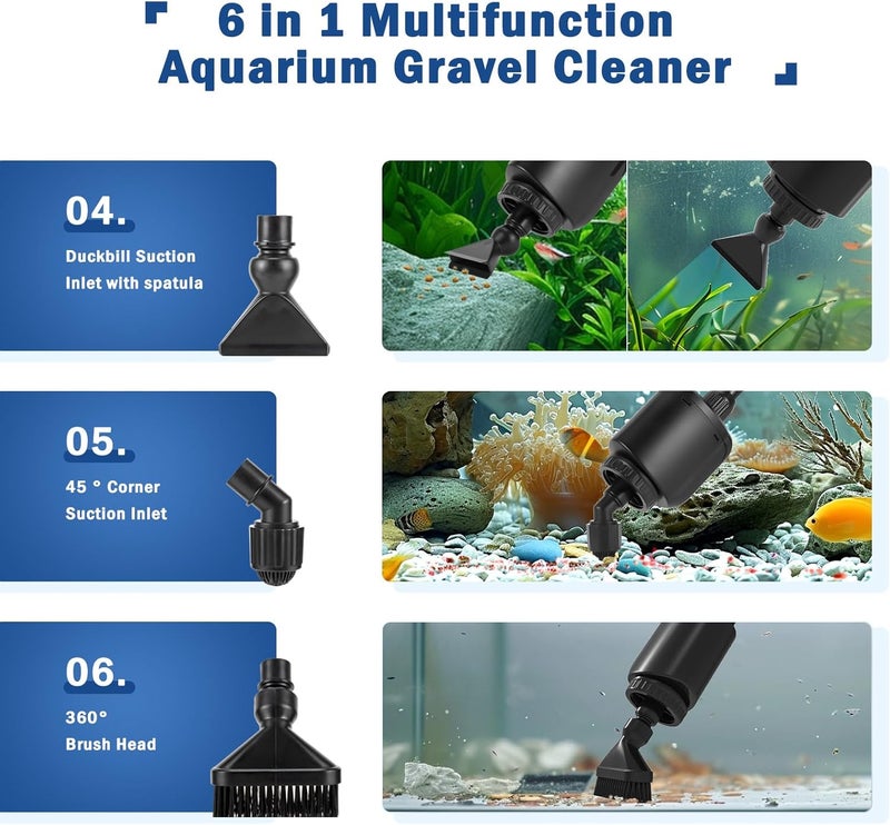 AQQA Aquarium Gravel Cleaner Kit, 6 in 1 Electric Fish Tank Vacuum Cleaning Tools Water Changer, Multifunction Wash Sand Filter Water Circulation 20W 320GPH 110V - Image 3