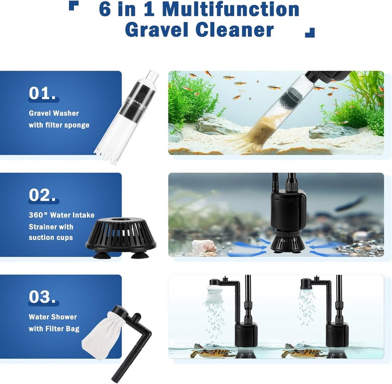 AQQA Aquarium Gravel Cleaner Kit, 6 in 1 Electric Fish Tank Vacuum Cleaning Tools Water Changer, Multifunction Wash Sand Filter Water Circulation 20W 320GPH 110V - Image 2