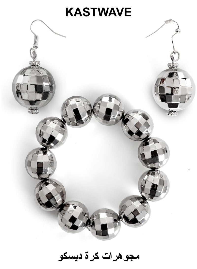 KASTWAVE Disco Ball Jewelry Set, 1970s Silver Diva Mirror Balls Costume Bracelet and Earrings, 60's or 70's Dance Party Costume Accessories for Women and Girls - Image 1