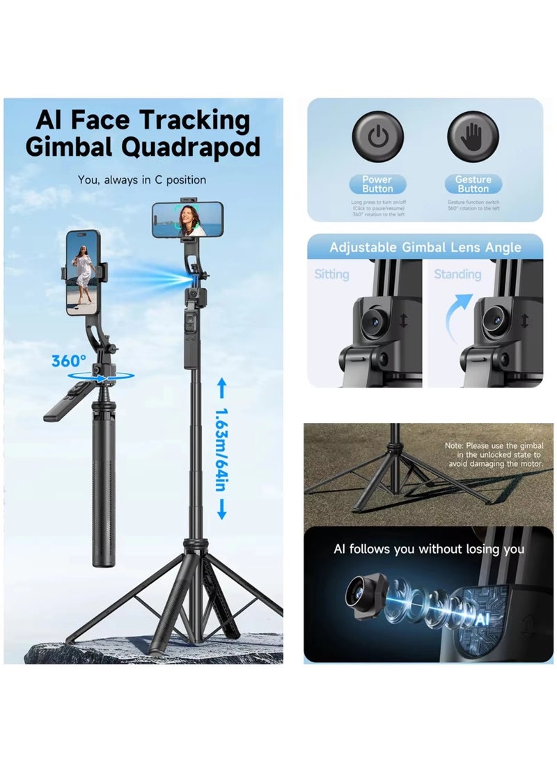 ARNOTEC عصا سيلفي ثلاثية القوائم الذكية C17 بتقنية تتبع الذكاء الاصطناعي، بطول 163.5 سم، مزودة بجهاز تثبيت مضاد للاهتزاز بأربعة أرجل مع جهاز تحكم عن بُعد بلوتوث، تتبع تلقائي للوجه بزاوية 360°، تحكم بالإيماءات، واجهة 1/4"، حامل هاتف قابل للفصل لتصوير الفيديو، تيك توك، يوتيوب (أسود) - Image 4