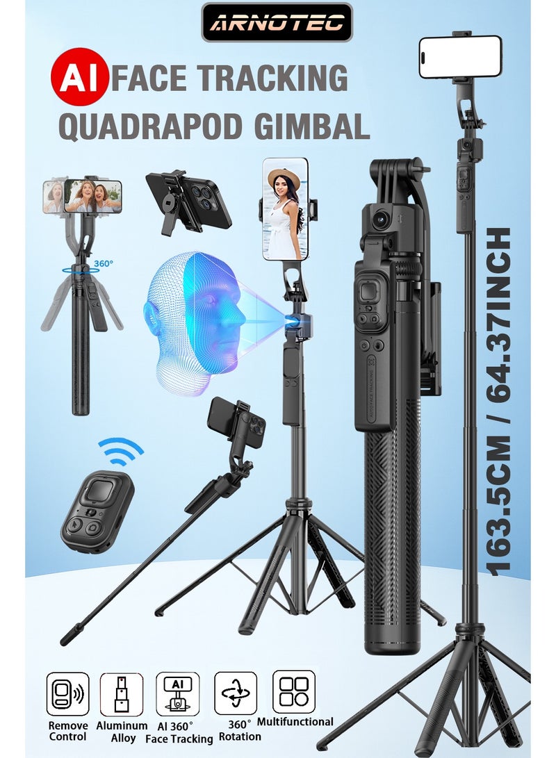 ARNOTEC عصا سيلفي ثلاثية القوائم الذكية C17 بتقنية تتبع الذكاء الاصطناعي، بطول 163.5 سم، مزودة بجهاز تثبيت مضاد للاهتزاز بأربعة أرجل مع جهاز تحكم عن بُعد بلوتوث، تتبع تلقائي للوجه بزاوية 360°، تحكم بالإيماءات، واجهة 1/4"، حامل هاتف قابل للفصل لتصوير الفيديو، تيك توك، يوتيوب (أسود) - Image 1