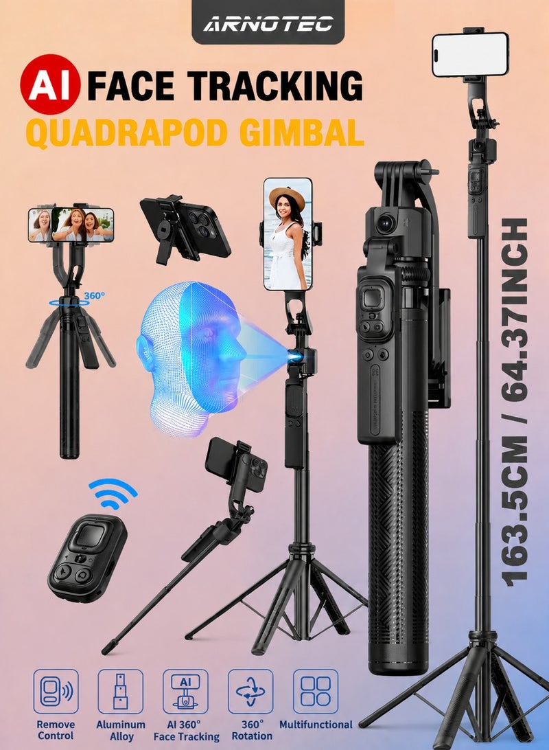 ARNOTEC C17 Smart AI Tracking Selfie Stick Tripod, 163.5cm Long Quad-Leg Anti-Shake Gimbal with Bluetooth Remote, 360° Auto Face Tracking, Gesture Control, 1/4" Interface, Detachable Phone Holder for Vlogging, TikTok, YouTube (Black) - Image 1