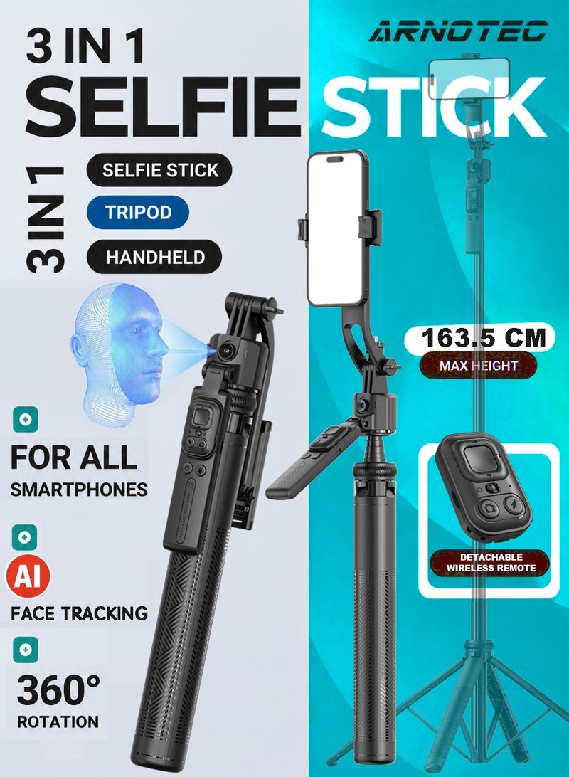 ARNOTEC C17 Smart AI Tracking Selfie Stick Tripod, 163.5cm Long Quad-Leg Anti-Shake Gimbal with Bluetooth Remote, 360° Auto Face Tracking, Gesture Control, 1/4" Interface, Detachable Phone Holder for Vlogging, TikTok, YouTube (Black) - Image 1