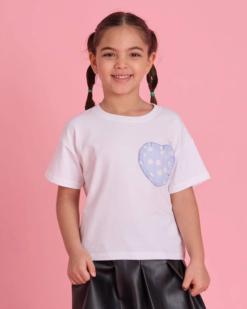 Redtag Girls White Heart Applique T-Shirt
