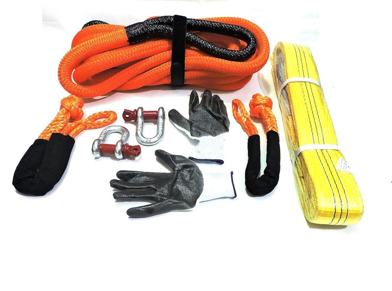 4XFORZA Towing and Recovery Kit for Off Roading with Kinetic Recovery Rope Soft Shackles Steel Shackles Flat Tow Rope and Pair of Gloves - Image 1