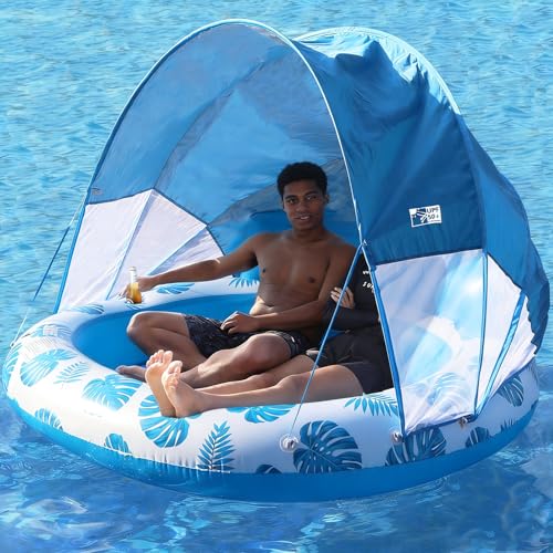 COOLCOOLDEE Inflatable Pool Float with Canopy,2 Person Floating Island,Extra Large with Sun Shade,Blue - Image 1