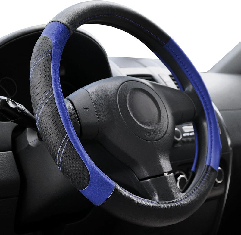Elantrip Leather Large Steering Wheel Cover 15 1/2 to 16 inch Soft Grip Breathable for Car Truck SUV Jeep Anti Slip Black and  Gray - Image 1