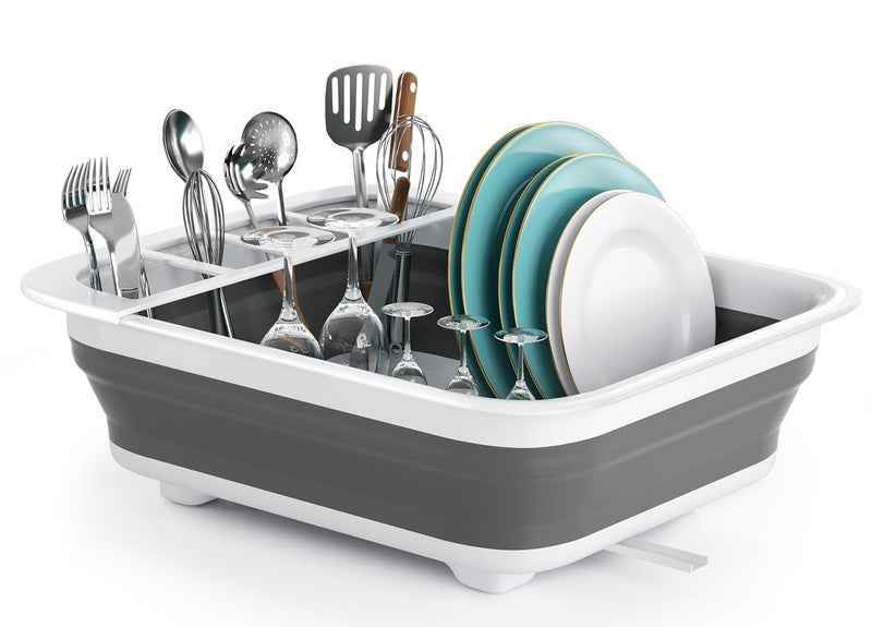 THANSTAR Collapsible Dish Drying Rack for RV Kitchen, Foldable Drainer Organizer for Kitchen Countertop, Space Saving Portable Dish Rack for Campers, Travel Trailer & Small Spaces, Easy Storage, Grey - Image 1