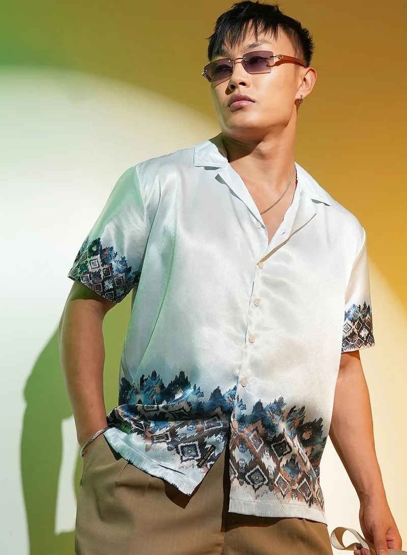 Campus Sutra Men's Ivory White & Navy Blue Oceanic-Geometric Shirt