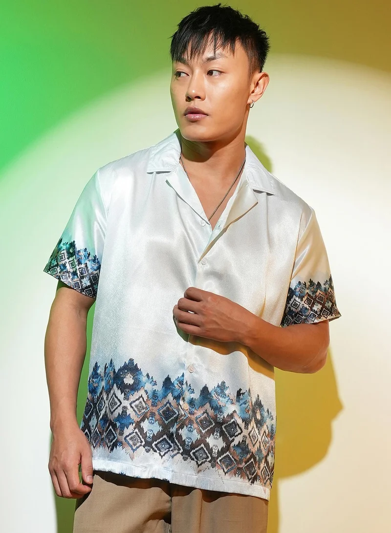 Campus Sutra Men's Ivory White & Navy Blue Oceanic-Geometric Shirt