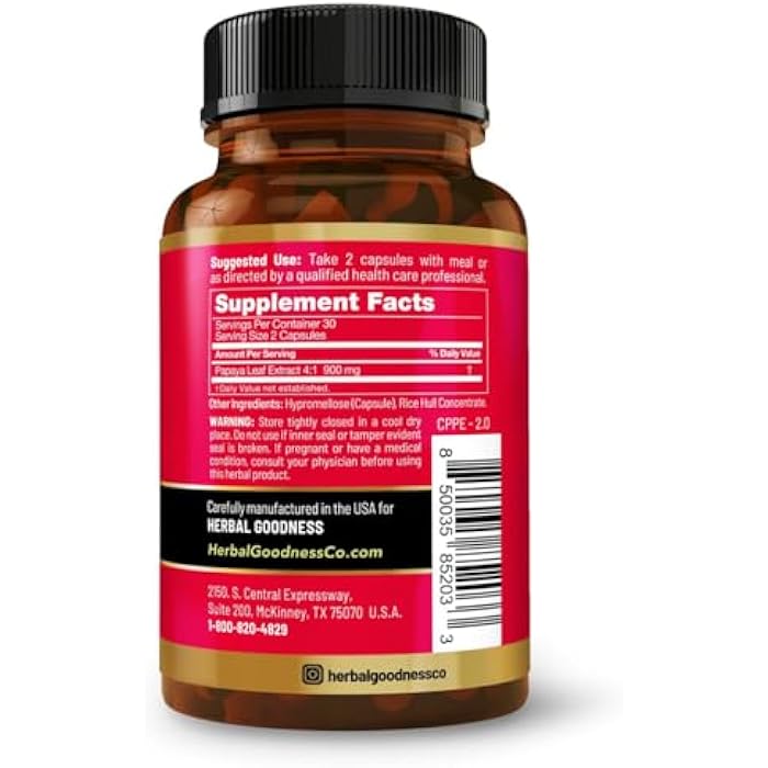 Herbal Goodness Papaya Leaf Extract Capsules - Bone Marrow & Blood Platelets Supplement | 600mg High Potency with Digestive Enzymes for Digestion, Immunity & Gut Health | Non-GMO, Vegan - 60 Count - Image 2