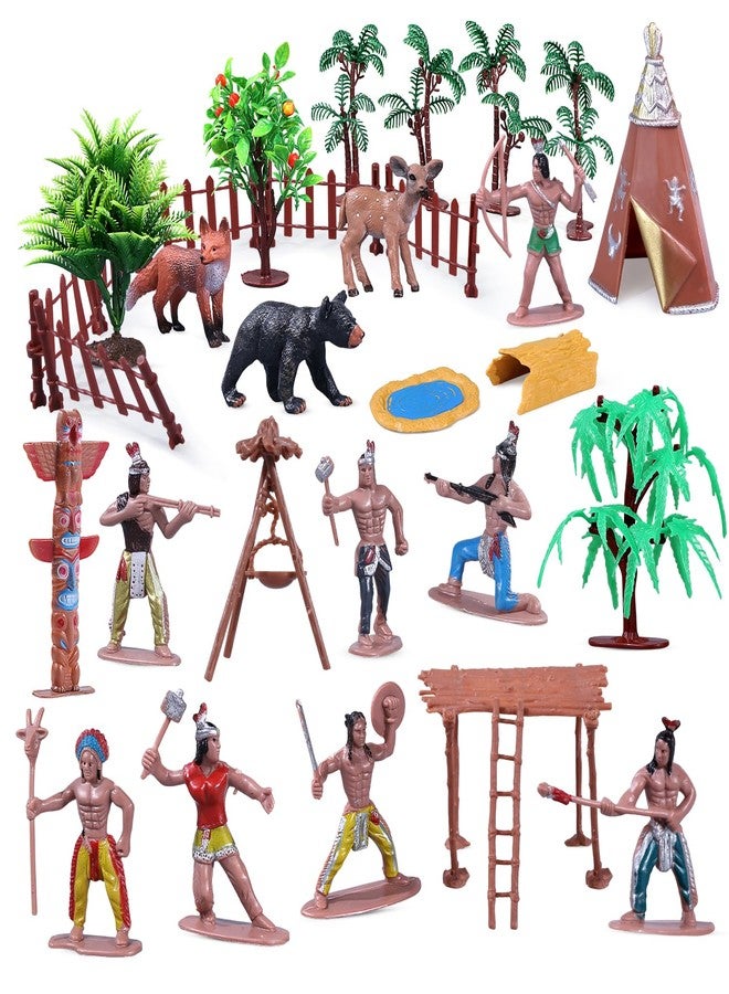 kukifun 31Pcs Native American Village Playset, Assorted Indigenous People Figures with Tepee, Totem Pole, Fence, Trees, Animals, Tribal Cultural History Educational School Project Toys for Kids - Image 1