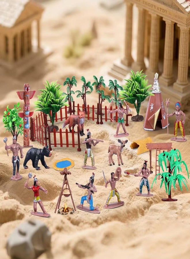 kukifun 31Pcs Native American Village Playset, Assorted Indigenous People Figures with Tepee, Totem Pole, Fence, Trees, Animals, Tribal Cultural History Educational School Project Toys for Kids - Image 2
