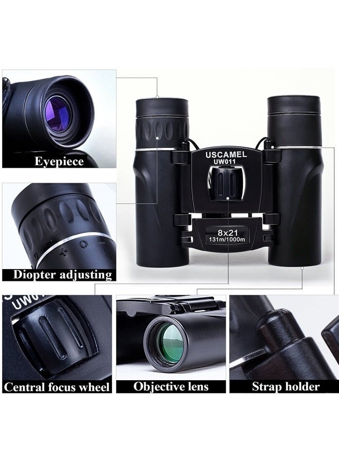 Folding Pocket Binoculars Compact Travel Mini Telescope HD Bak4 Optics Lenes Easy Focus 8x21 Colour Black