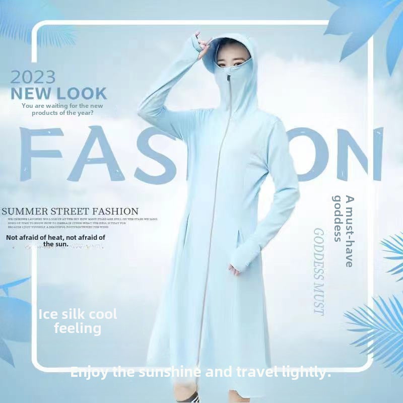 New Summer Long Over-the-Knee Sun Protection Clothing Detachable Lens conjoined Ice Silk Jacket Loose Outdoor Skin Clothing(sachet big brim goddess blue, All yards) - Image 1