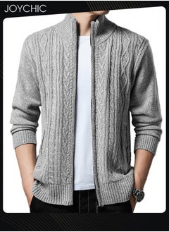 NIBEMINENT Winter Cardigan Men Casual Autumn Zip Thick Knitted Sweater Pockets Warm Jacket Slim Coat Light Grey  - Image 1