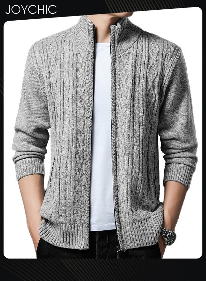 NIBEMINENT Winter Cardigan Men Casual Autumn Zip Thick Knitted Sweater Pockets Warm Jacket Slim Coat Light Grey - Image 1