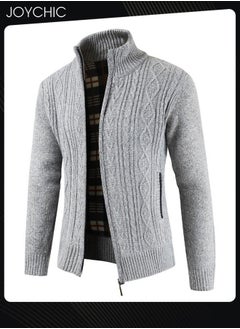 NIBEMINENT Winter Cardigan Men Casual Autumn Zip Thick Knitted Sweater Pockets Warm Jacket Slim Coat Light Grey  - Image 2