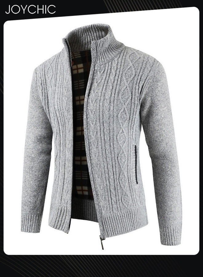 NIBEMINENT Winter Cardigan Men Casual Autumn Zip Thick Knitted Sweater Pockets Warm Jacket Slim Coat Light Grey - Image 2