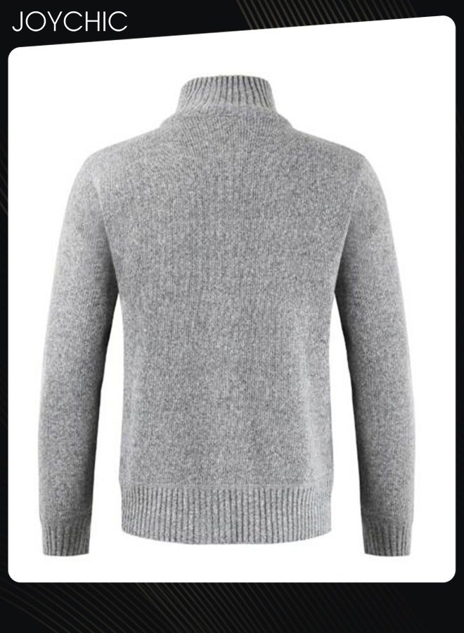 NIBEMINENT Winter Cardigan Men Casual Autumn Zip Thick Knitted Sweater Pockets Warm Jacket Slim Coat Light Grey - Image 3