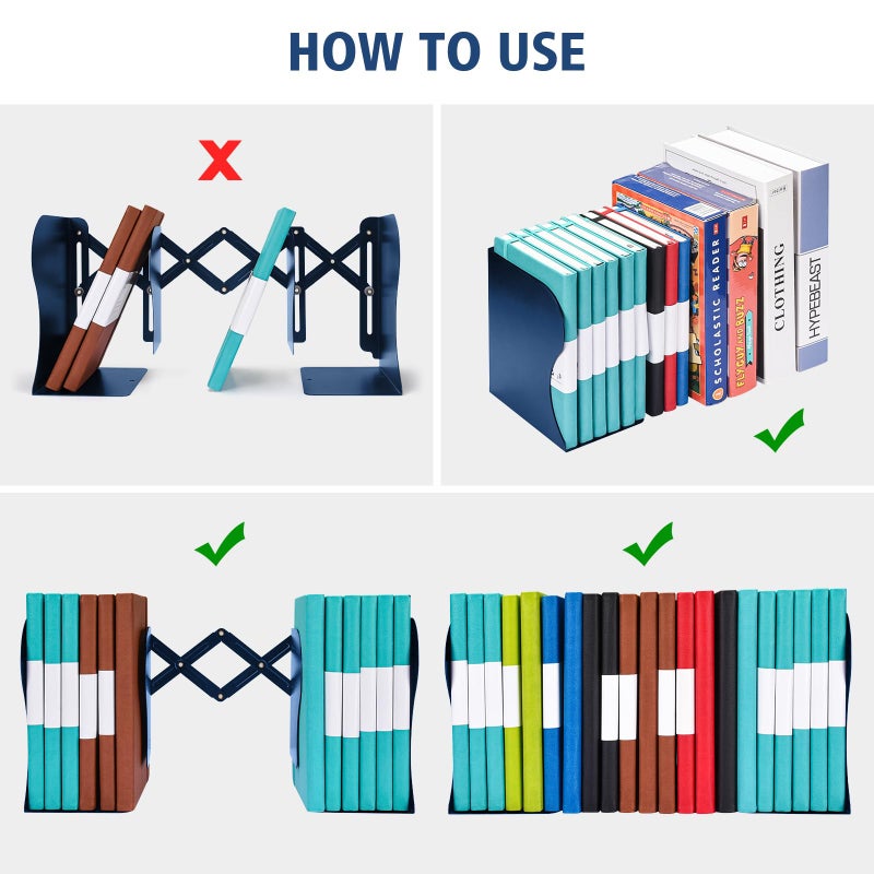 OMEYA 2Pcs Adjustable Bookends  Metal Book Ends For Heavy Book  2 Dividers  Nonslip Book Stander For Desk  Shelf  Office  Stationery Gift  Extends Up To 19 Inches (Blue) - Image 5