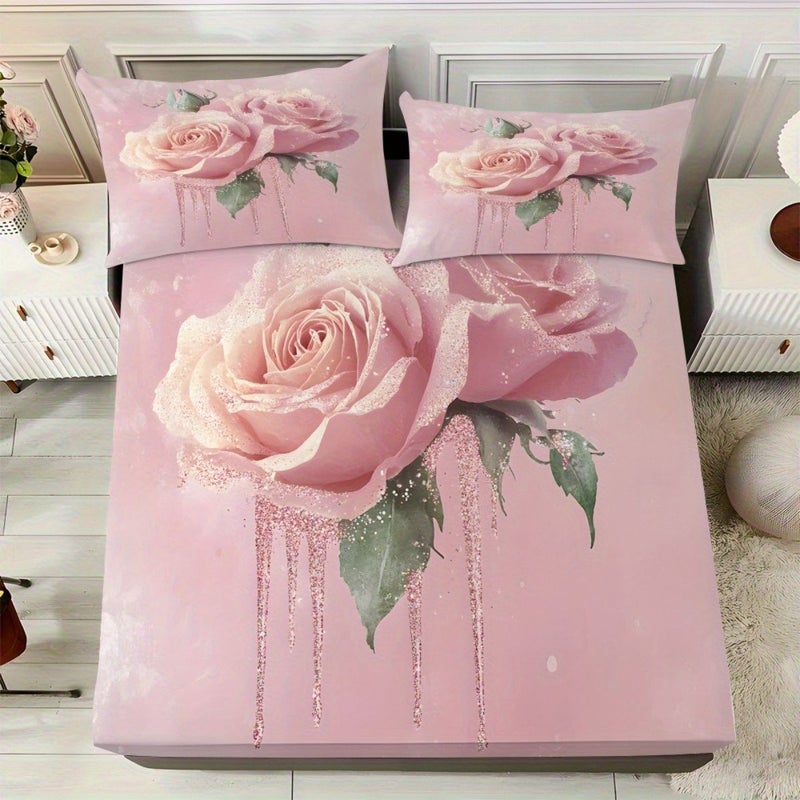 3pcs Mixed Color Bedding Set with Pink Rose Pattern Mattress Protector Including 1 Fitted Sheet And 2 Pillowcases No Filling Suitable for Twin Full Queen King Sizes Stylish Soft Comfortable Skin Friendly Breathable Sheets - Image 2