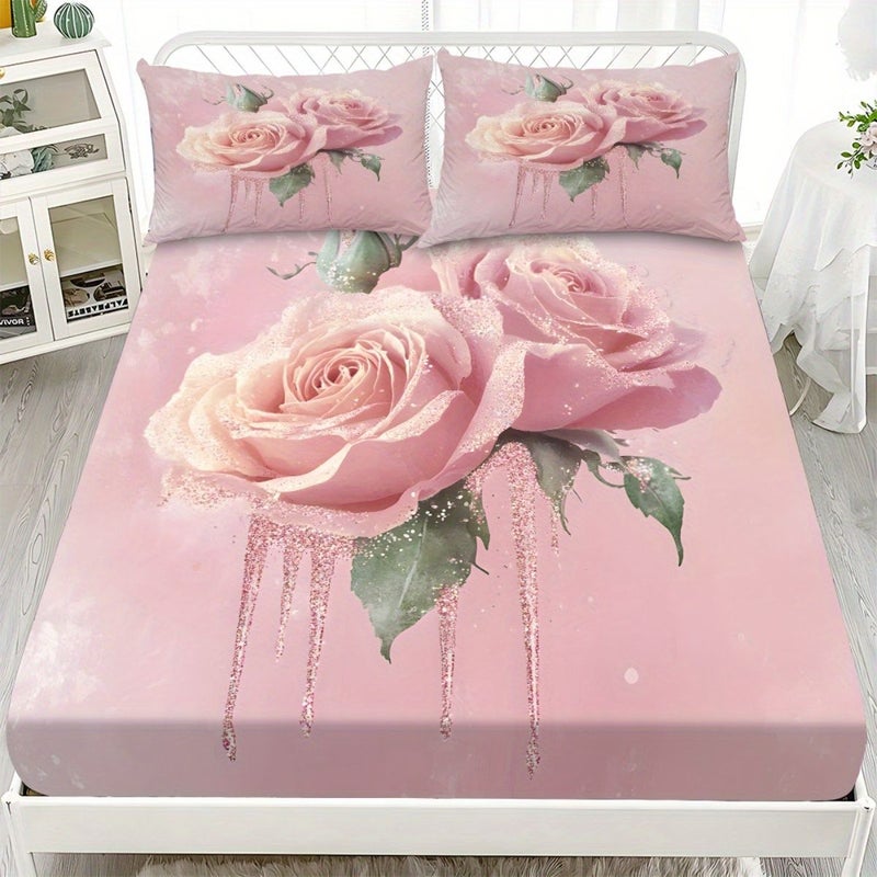 3pcs Mixed Color Bedding Set with Pink Rose Pattern Mattress Protector Including 1 Fitted Sheet And 2 Pillowcases No Filling Suitable for Twin Full Queen King Sizes Stylish Soft Comfortable Skin Friendly Breathable Sheets - Image 1