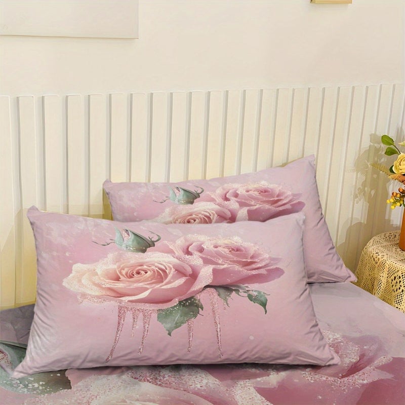 3pcs Mixed Color Bedding Set with Pink Rose Pattern Mattress Protector Including 1 Fitted Sheet And 2 Pillowcases No Filling Suitable for Twin Full Queen King Sizes Stylish Soft Comfortable Skin Friendly Breathable Sheets - Image 5