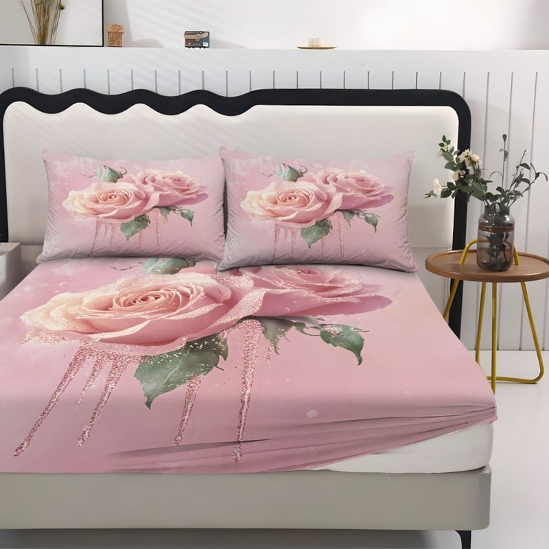 3pcs Mixed Color Bedding Set with Pink Rose Pattern Mattress Protector Including 1 Fitted Sheet And 2 Pillowcases No Filling Suitable for Twin Full Queen King Sizes Stylish Soft Comfortable Skin Friendly Breathable Sheets - Image 4