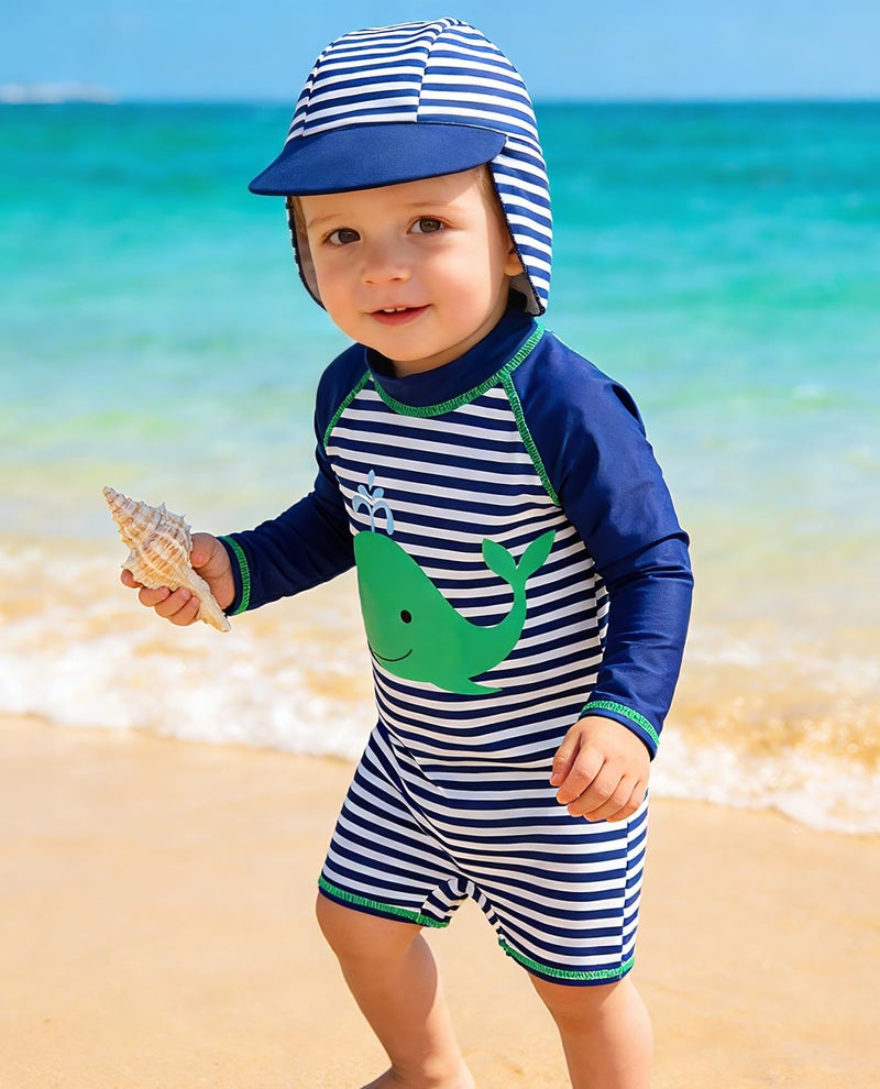 uideazone Little Baby Boy Swimsuit Striped Long Sleeve One Piece Rash Guard with Sun Hat Whale Bahting Suit Swimwear 18-24 Months - Image 3