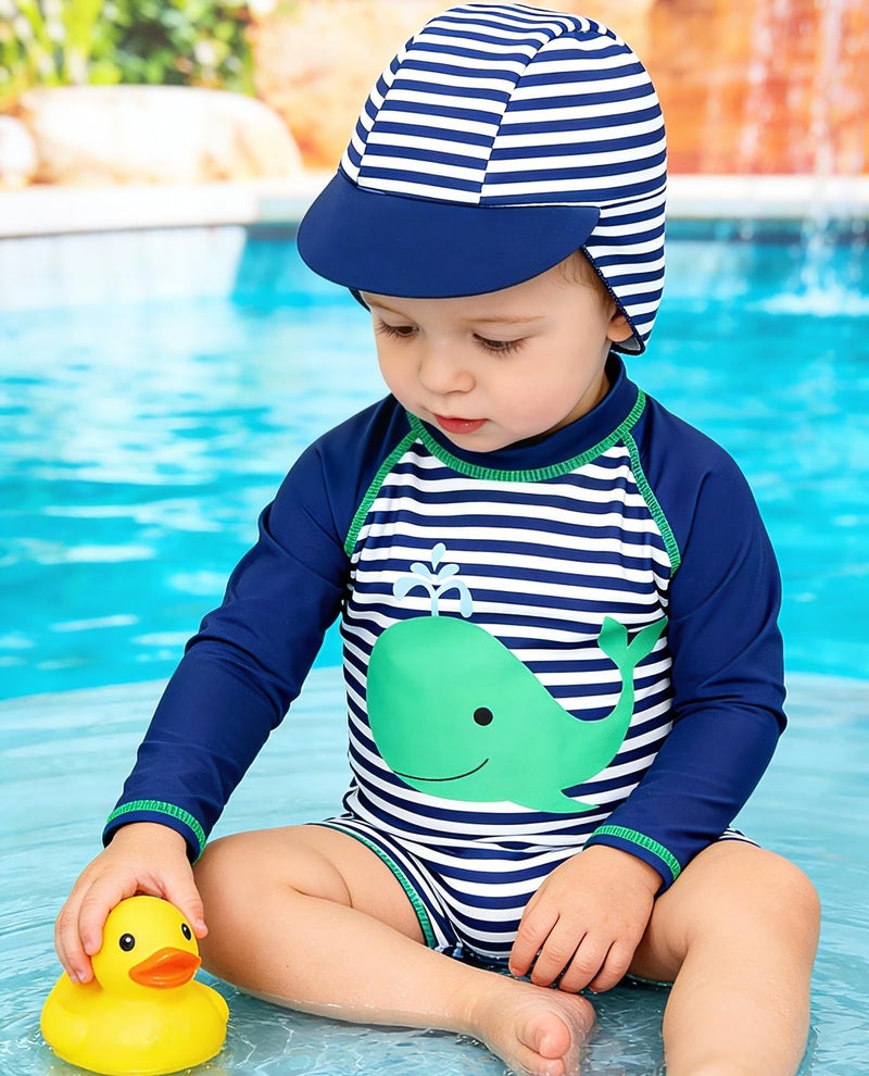 uideazone Little Baby Boy Swimsuit Striped Long Sleeve One Piece Rash Guard with Sun Hat Whale Bahting Suit Swimwear 18-24 Months - Image 2
