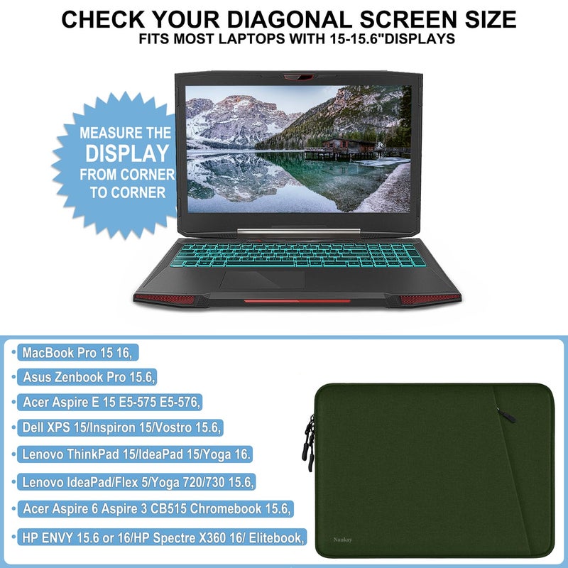 Naukay Laptop Sleeve Case  Shockproof Protective Computer Sleeve Cover With Accessories Pocket  Water Resistant Traveling Carrying 15.6 Inch Laptop Bag Compatible For Macbook Dell Hp Acer Lenovo  Army Green - Image 4
