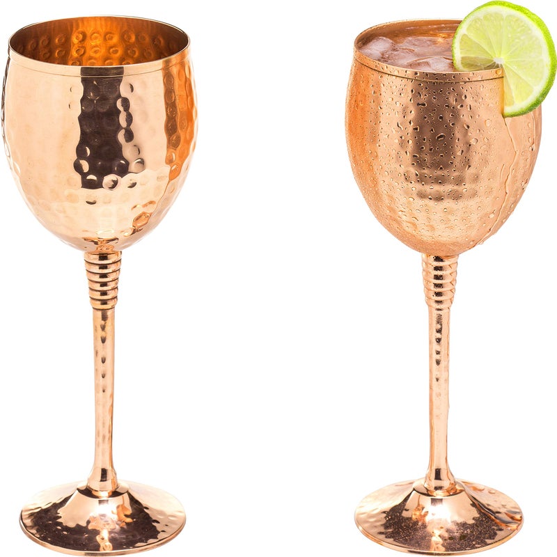 Copper wine glasses set of 2  11oz gleaming 100 solid hammered copper wine cups on brass copper plated stems  a gift for men and women  great glasses for red or white wine and Moscow mules