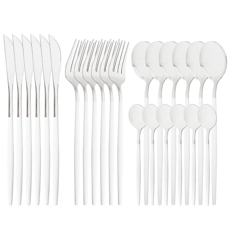 Snplowum Mirror Cutlery Serving Set 24piece 180 Stainless Steel Silverware With White Handle Simple  Modern Tableware For Home Party Restaurant Christmas Dinner Service For 6 White Silver